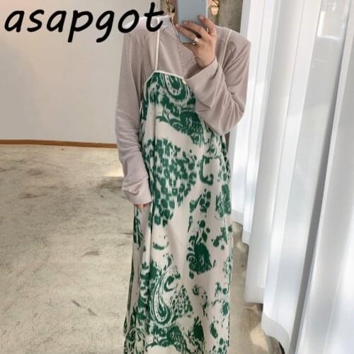 Korean Chic Autumn 2021 Retro Halo Dye Printed Spaghetti Strap Dress Loose O Neck Tshirts Women Solid Cotton Top Long Sleeve