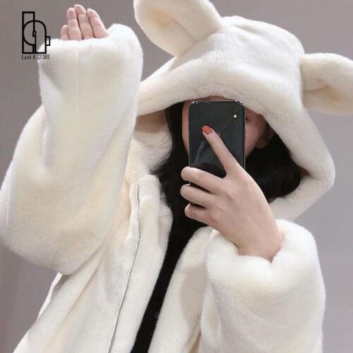 Women Winter Fur Coat 2021New Cute Bear Ears Furry Velvet Add cotton/No cotton Jacket Lady Loose Imitation Mink Fur Overcoat