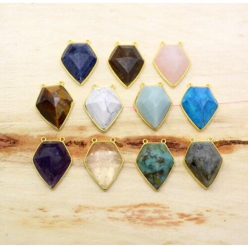 Gold Electroplated Connector with Double Bail Bezel Faceted gems Amazonite Healing Quartz Crystal Stone Arrowhead Pendant