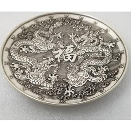 3.9" Chinese old collection Pure copper engraving Erlongxizhu pattern plate