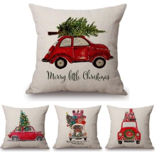 Watercolor Christmas Cars Print Home Decorative Pillow for Sofa Christmas New Year Decoration Cushion Cover Car Pillows Cases