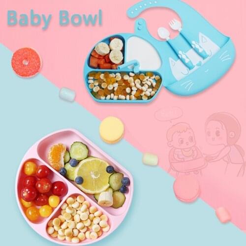 Baby Silicone Plate One-piece Tableware Children Separate Compartments Sucker Plate Spoons With Bib For Kids Eating Training