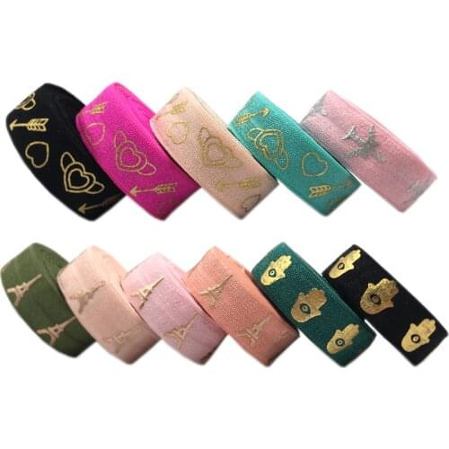 10yard 15mm Gold Foil Airplane Demon Eye Print Fold Over Elastic Ribbon For Sewing Hair Tie Strap Backpack Decoration Accessorie