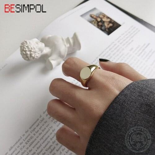 Besimpol Genuine 925 Sterling Silver Round Open Rings Gold Geometric Glossy Rings for Women Original Vintage Fine Jewelry Gifts
