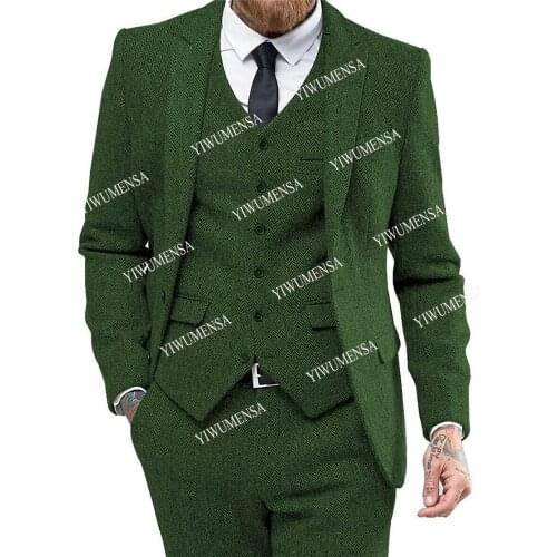 YIWUMENSA Winter Brown Tweed Tailor-Made Suits 2021 3 Pieces Set Herringbone Groom Wear Mens Blazers Tuxedos Jacket&Vest&Pants