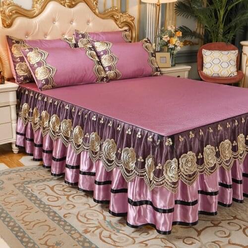European Style Ice Mat Bed Skirt Washable 3-piece Cool Sleeping All Season Bedspread Floral Printed Bed Sheet with Pillowcase