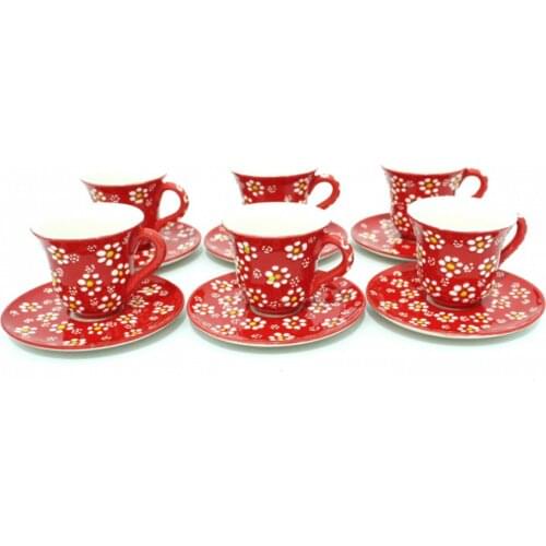 Handmade Tile Ceramic Daisy Patterned Coffee Cup Set - Red