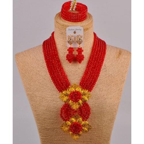 New Fashion Womens Red Crystal Bead Nigerian African Wedding Jewelry Bead Set 6CHL
