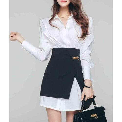 New arrival fashion korean set women spring casual OL temperament white single-breasted dress and black mini skirt two piece set