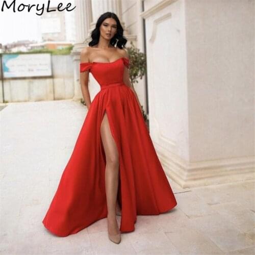 Prom Dresses Red Off The Shoulder Floor Length Side Slit Silk Satin Crystal Prom Dresses Zipper Back vestidos de fiesta de noche