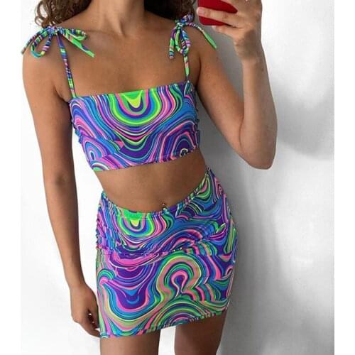 Boho Sexy 2 Piece Sets Womens Outfits Drawstring Mini Skirts and Bikini Tank Top Beachwear Vacation Summer Tie Dye Dress Sets