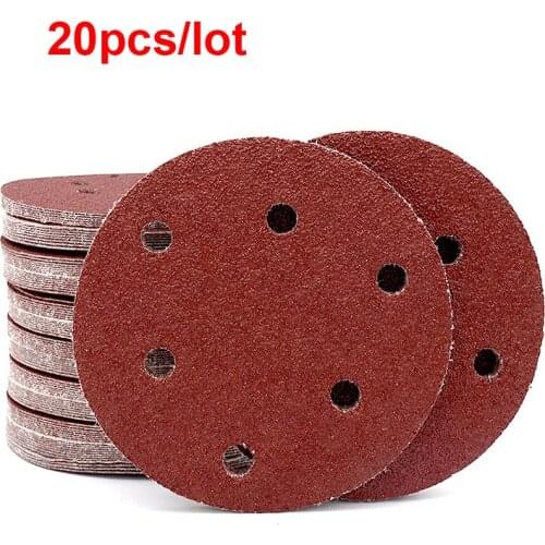 URANN 20pcs/lot 125mm 5 inch 8 Holes Sand Paper Flocking Discs For Metal Wood Glass Polishing Grinding Honing Tools