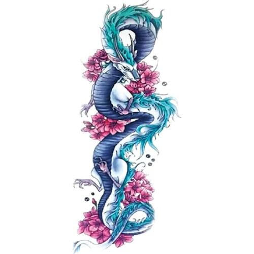 Watercolor Over Shoulder Dragon Waterproof Temporary Tattoo Sticker Pink Flowers Fake Tattoos Flash Tatoos Arm Art for Women Men
