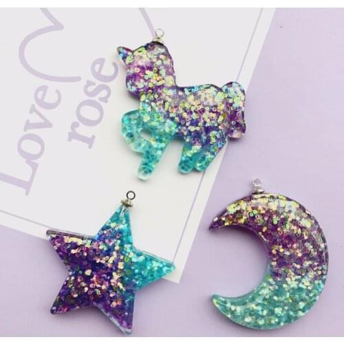 ZALEBABA 2017 New Trendy Glitter Multicolor Pink Resin Pendants Half Moon Unicorn star 5 PCs