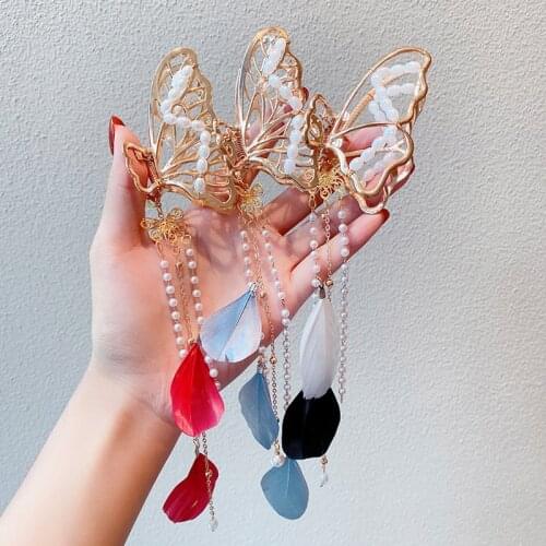 2021 New Fairy Hollow Butterfly Flower Handmade Pearl Chain Long Tassel Hair Claw Side Clamp for Women Hair Accessories