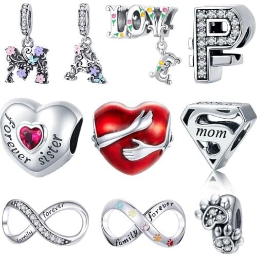 WOSTU Genuine 925 Sterling Silver Retro Letter Flowers Bead Charm Pendant Fit Bracelet Bangle Women Party DIY Fine Jewelry Gift