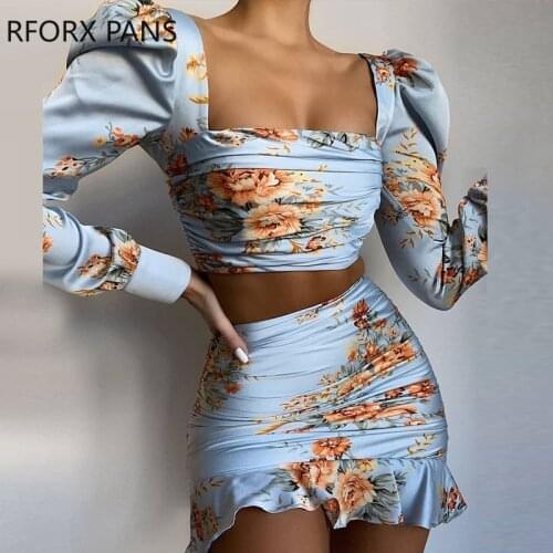 Women Floral Print long Sleeve Square Collar Crop Top & Ruffles Skirt Sets Two Piece Set