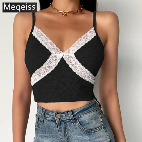 Meqeiss 2020 New Chic Black Bralette Lace Camis Crop Tops Women Sleeveless Summer Y2K Top Sexy Backless Cropped Feminino Tops