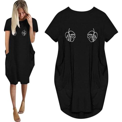 New Summer Monstera leaf Print Women Casual Loose Dress With Pocket Ladies Fashion O Neck Long Tops Female T Shirt Dress