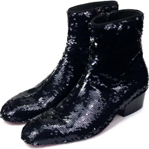 Winter Fashion Boots High Top Mid-calf boots for men Genuine Leather Male Sequined Cloth Men Boots