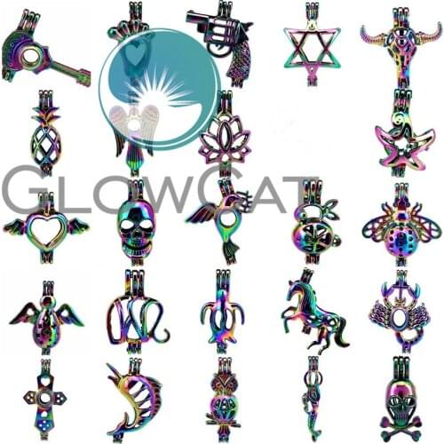1X Rainbow Beads Cage Animal Lotus Owl Angel Unicorn Honeybee Skull Cross Essential Oil Diffuser Pearl Cage Locket for Pendant
