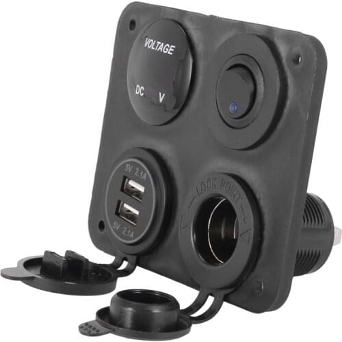 4 Function Panel Dual USB Charger Green LED Volt 12V Power Outlet ON-OFF Switch