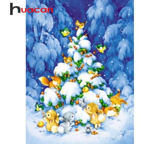 Huacan Diamond Mosaic Rabbit Cross Embroidery Kit 5D Diamond Painting Animals Christmas Tree Needlework Home Decoration