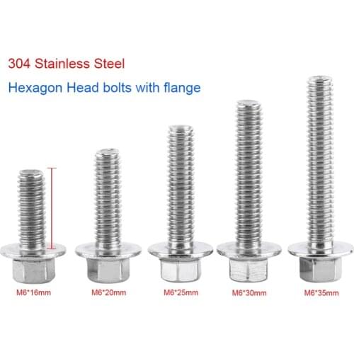 10pcs M6 Stainless Steel SS304 Flange Screws Outer Six Angle Bolt Hex Drive Flange Screws Head Washer Bolts
