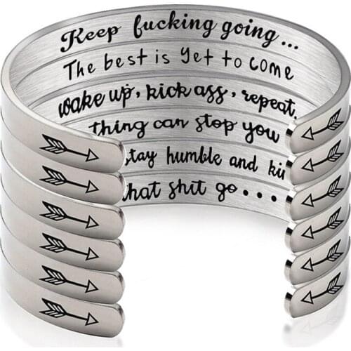 New 6mm Width Surface Cuff Bracelet Bangles for Women Men Silver Stainless Steel Inspirational Keep Going Bangles Jewelry Gifts