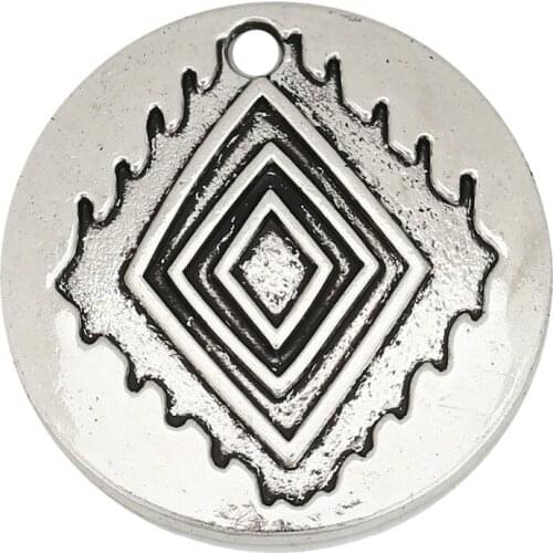 DoreenBeads Zinc Based Alloy Pendants Round Silver Color Gold Rhombus Style Jewelry DIY Findings 30mm(1 1/8") Dia, 20 PCs