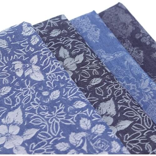 Floral Jeans Vintage Light Weight Cotton Jacquard Rose Flower Denim After Washed For Pants Dress Fashion Fabrics 50X150cm Telas