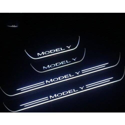 Car LED Door Sill Scuff Plate For Tesla Model Y 2019 2020 2021 Exterior Parts Pathway Dynamic Welcome Footstep Pedal Light