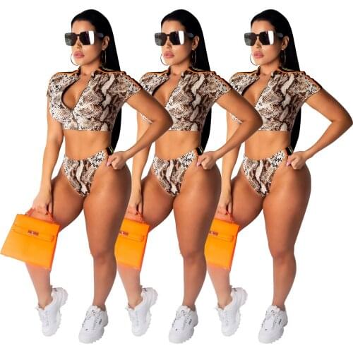 Hot New Hot Style European and American Fashion Womens Sexy Snake Print Short Sleeve Two-Piece Swimsuit