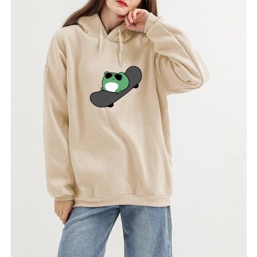 Goth Frog on Skateboard Hoodie Women Oversized Harajuku 90s Aesthetic Sweatshirt for Girls Warm Cute Hooded Casual Loose Clothes