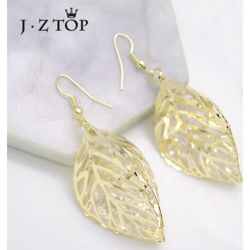 JZTOP Fashion Hollow Leaf Crystal Drop Earrings For Women Rose Gold Color Leaves Long Dangle Earring Statement Brinco Jewelry