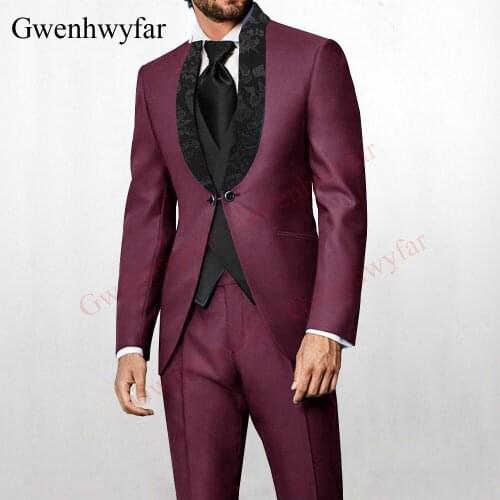 Gwenhwyfar 2021Men Suits Burgundy Green Yellow Black Navy Slim Fit Pattern Collar Groom Men Suits Wedding Party Best Man Tuxedos