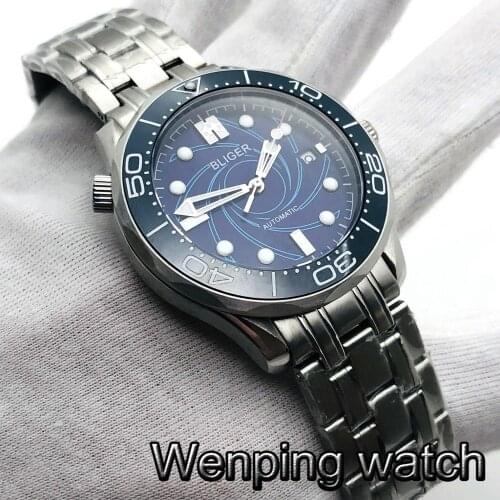 Bliger 41mm silver case sapphire glass ceramic bezel blue dial date luminous waterproof mens top automatic mechanical watch