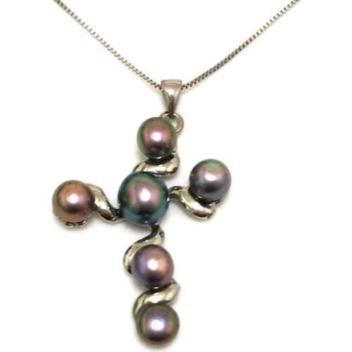 18 inches 30x40mm Black Natural Button Pearl Cross Style 925 Sterling Silver Pendent Necklace
