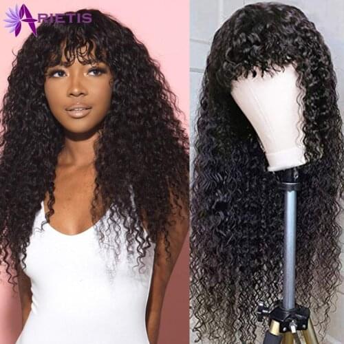 Malaysian Curly Human Hair Wigs With Bangs Remy Human Hair Wigs For Black Women Full Machine Made Wig 8-24 Inches Fast Shipping