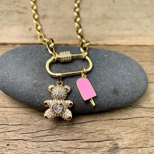 5Pcs Luxury cz micro pave bear pendant with Enamel Popsicle necklace, gold clasp with paper clip chain necklace for gift