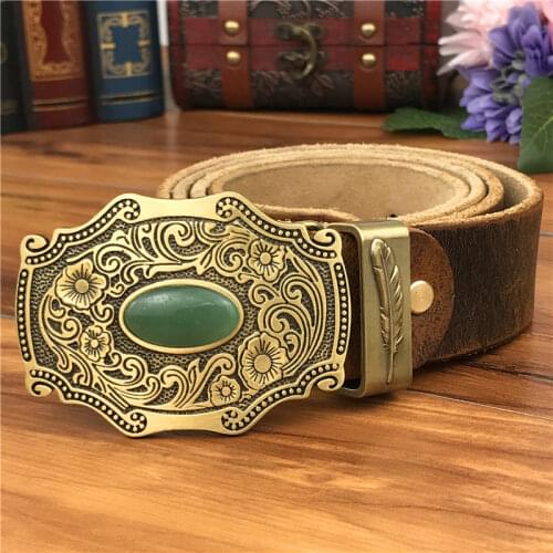Luxury Vintage Brass Belt Buckle Men Belt Ceinture Homme Yellow Leather Belt Men Male Jeans Waist Strap Wide Riem MBT0033