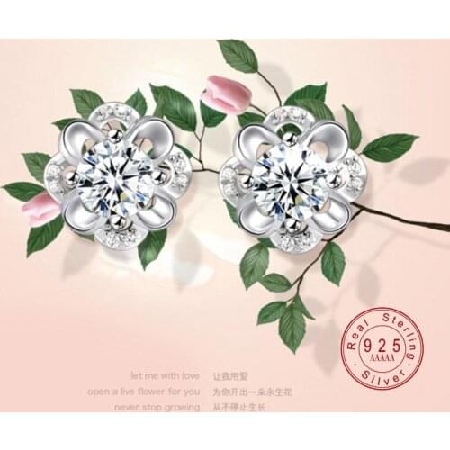 2019 New Luxury 100% Real Silver Color Flower Earrings For Women Silver Color Classic Flower Stud Earring New Fine Jewelry