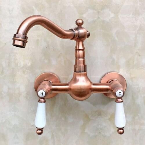 Antique Red Copper 2 Handle Wall Mounted Kitchen Sink Faucet Mixer Tap Dual Ceramics Levers Swivel Spout arg035
