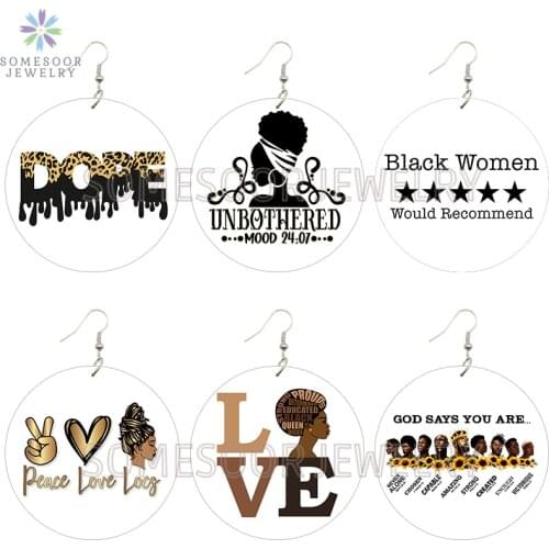 SOMESOOR Recommend Black Woman Smart Afro Wooden Drop Earrings Peace Love Dope Leopard Natural Dangle Jewelry For Women Gifts