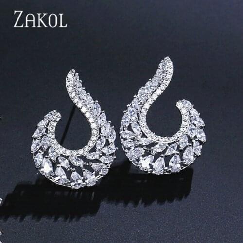 ZAKOL Elegant Symmetrical Leaf Design Stud Earrings With Cubic Zircon Big Jewelry For Wedding Women FSEP2038