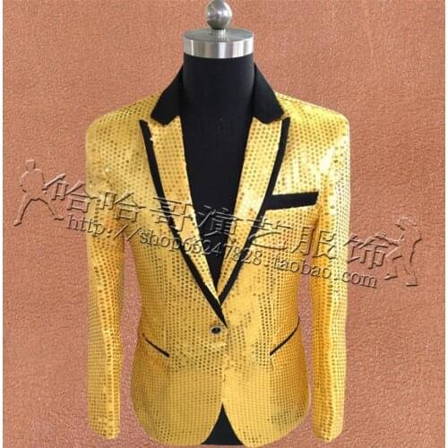 Yellow sequins blazer men suits designs homme terno stage costumes for singers jacket mens clothes dance star style fashion