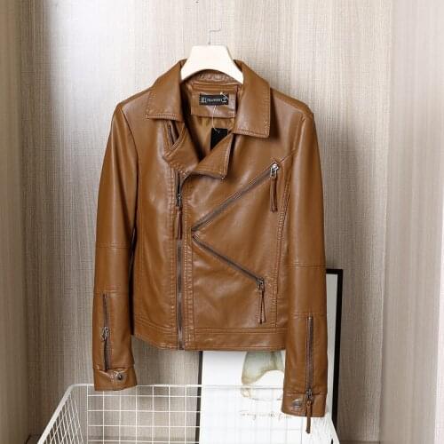 Black Camel Blue Chic Oblique Zipper High Quality Faux PU Leather jacket 2021 Spring Women Slim Short Long sleeve Biker Jacket