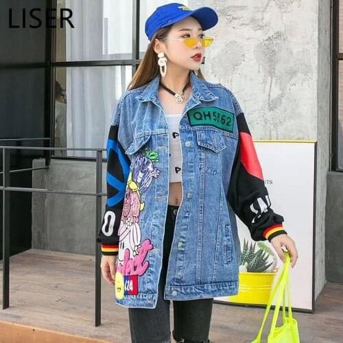 Autumn Fashion Cartoon Pattern Spliced Sleeve Denim Jacket Womens 2021 New Letter Printing Loose Washed Denim Jacket LL298
