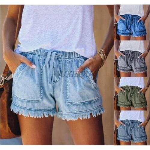 2021 Women denim summer new wish elastic waist drawstring casual high waist slim denim shorts women