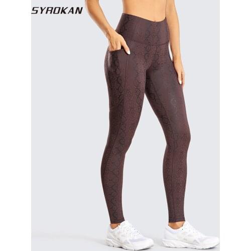 SYROKAN Womens Stretchy Faux Leather Leggings Yoga High Waisted Workout Tights with Pockets -28 Inches